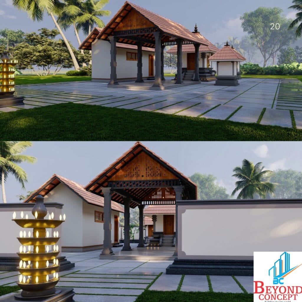 This photo illustrates a completed sacred space featuring classic Kerala elements such as carved pillars, traditional roofing, and spiritually aligned layout. It represents Beyond Concept’s ability to deliver religious structures that honor both heritage and divine harmony.